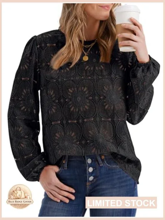 Boho Lace Crochet Blouse Long Sleeve Elegant Flowy Top Button Back Puff Sleeves - Picture 2 of 7